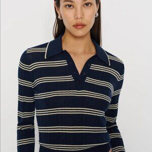 Hermia Regenerative Merino Polo, Parmesan Navy Stripe, Sz M